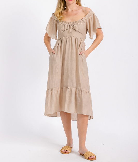 Angelina Off the Shoulder Dress-Taupe