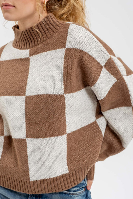 Checkered Pullover Sweater-Mocha