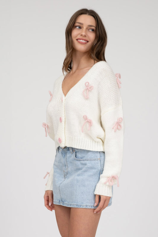 Bow Knit cardigan-Pink/Ivory