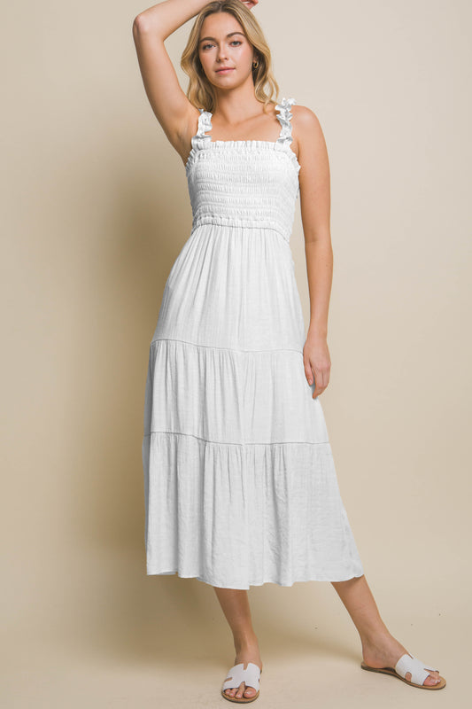 Fluttery Smocked Dress-White