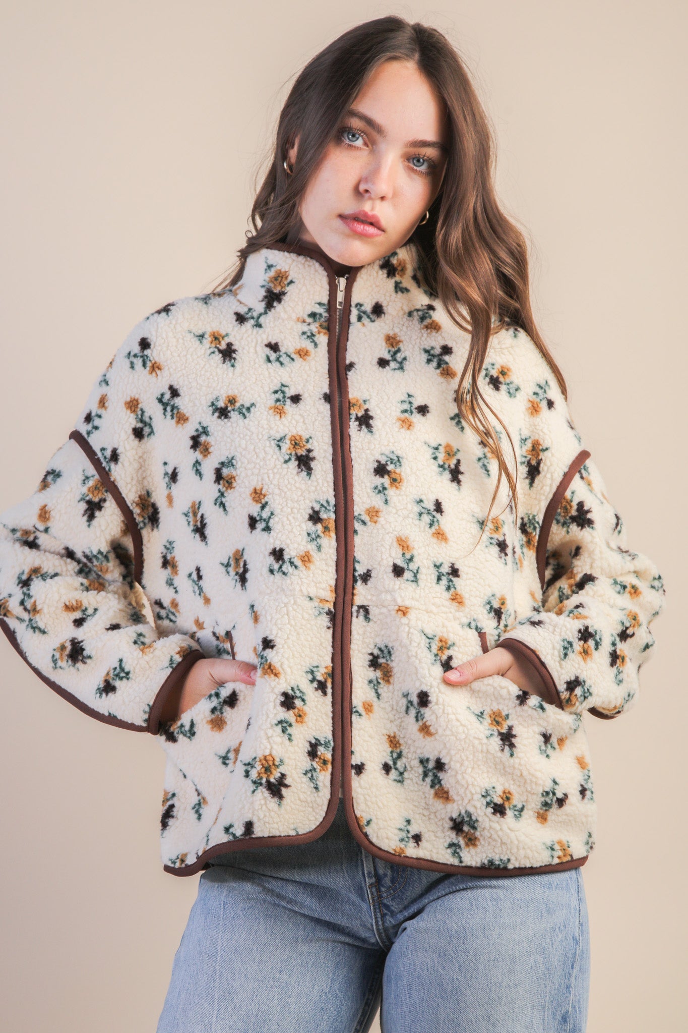 Floral Fleece Sherpa Jacket-Ivory/mocha