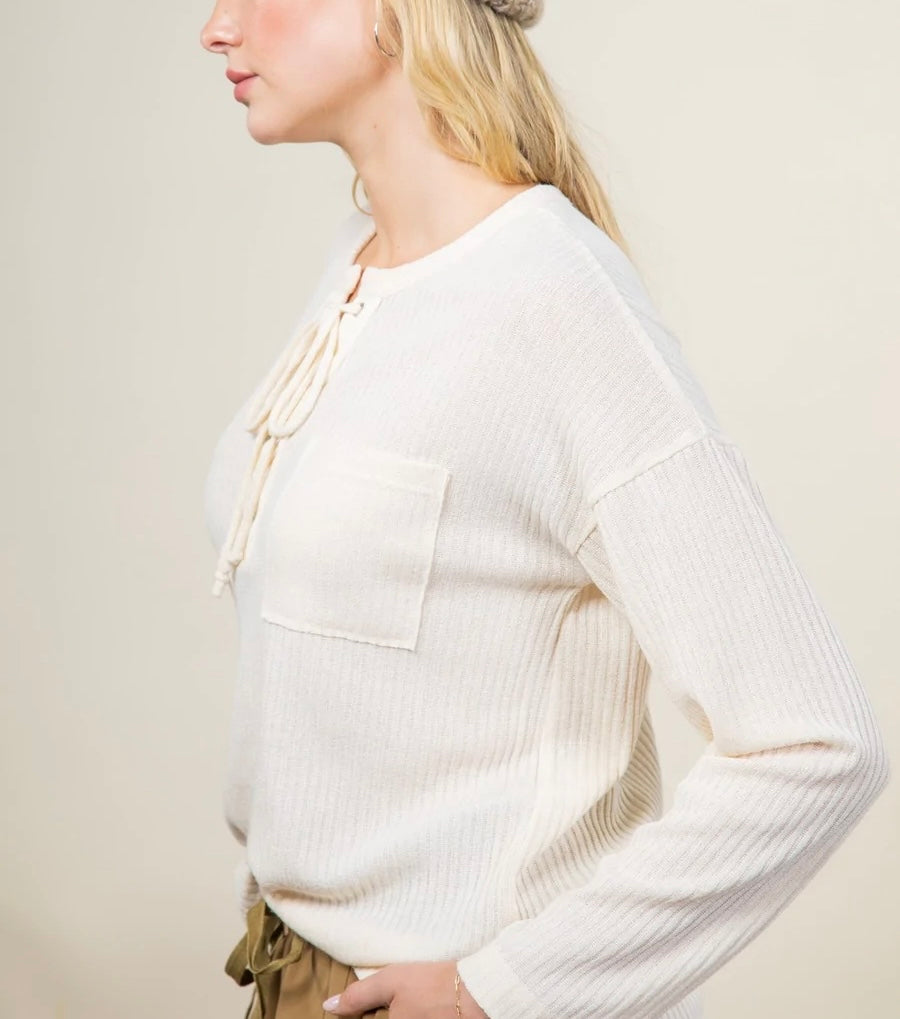 Ribbed Tie Long Sleeve-Ivory