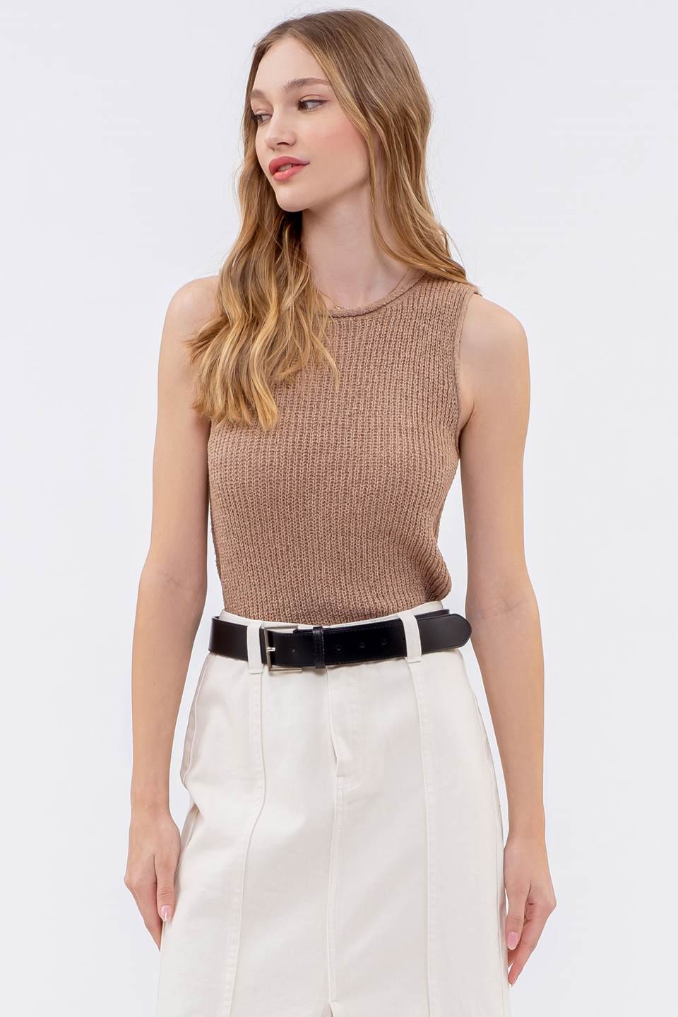 Lora Crochet Knit Top-Tan