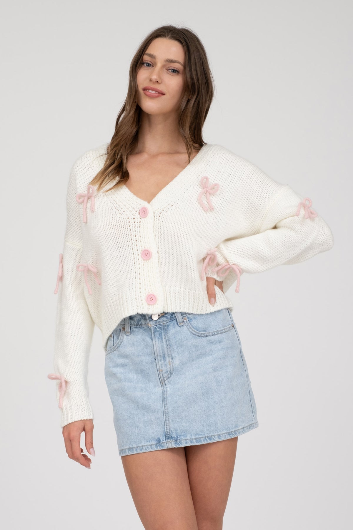 Bow Knit cardigan-Pink/Ivory