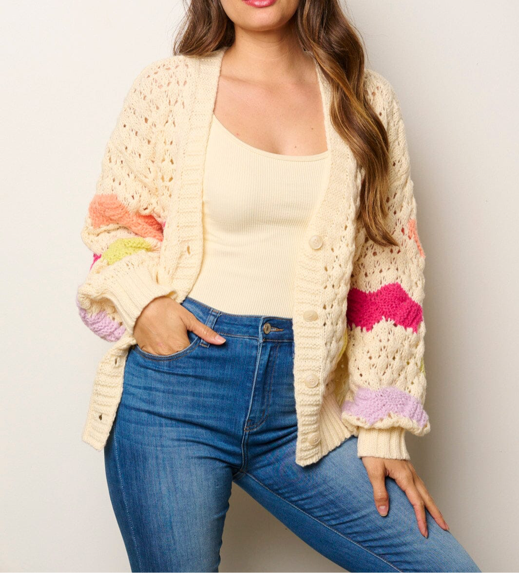 Color Block knitted Cardigan-Cream