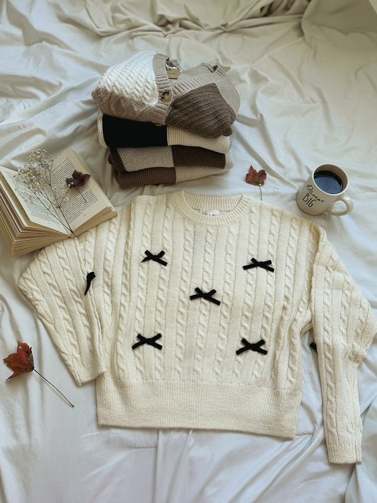 Bow Detail Knit Sweater-Ivory