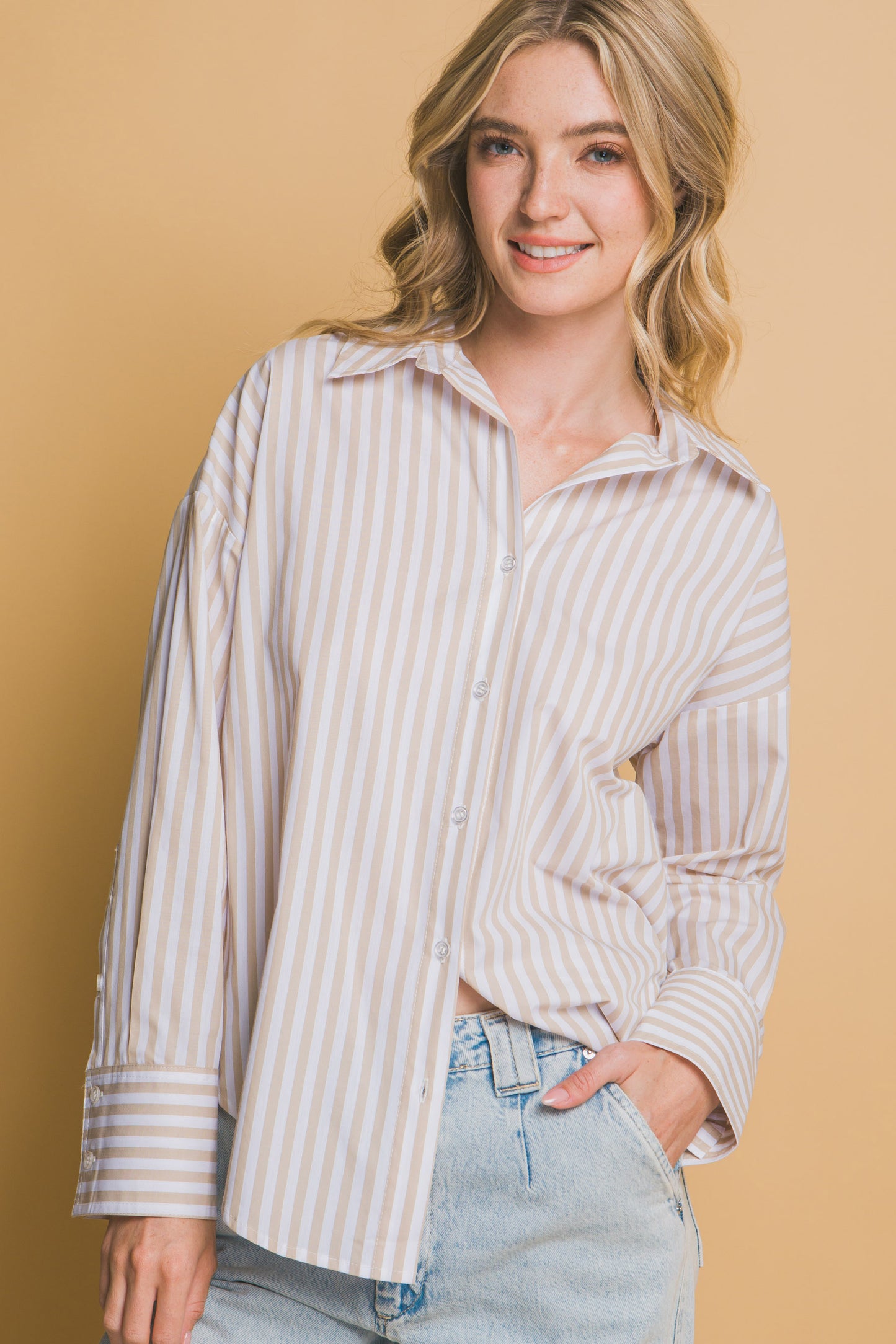 Perfect Day Striped Button Down-Taupe