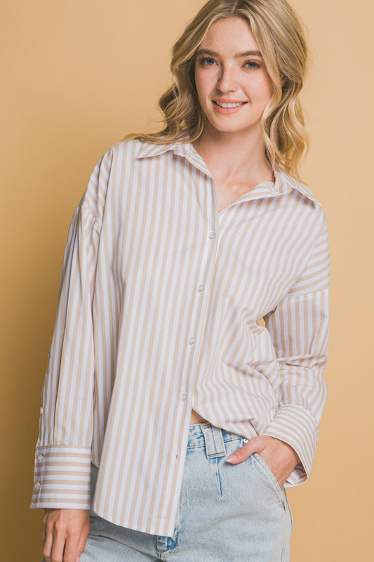 Perfect Day Striped Button Down-Taupe