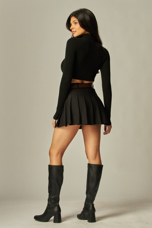 Pleated Skort w/Belt-Black