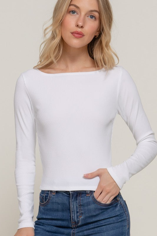 Ribbed Long Sleeve Boat Neck Top-White