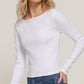 Ribbed Long Sleeve Boat Neck Top-White