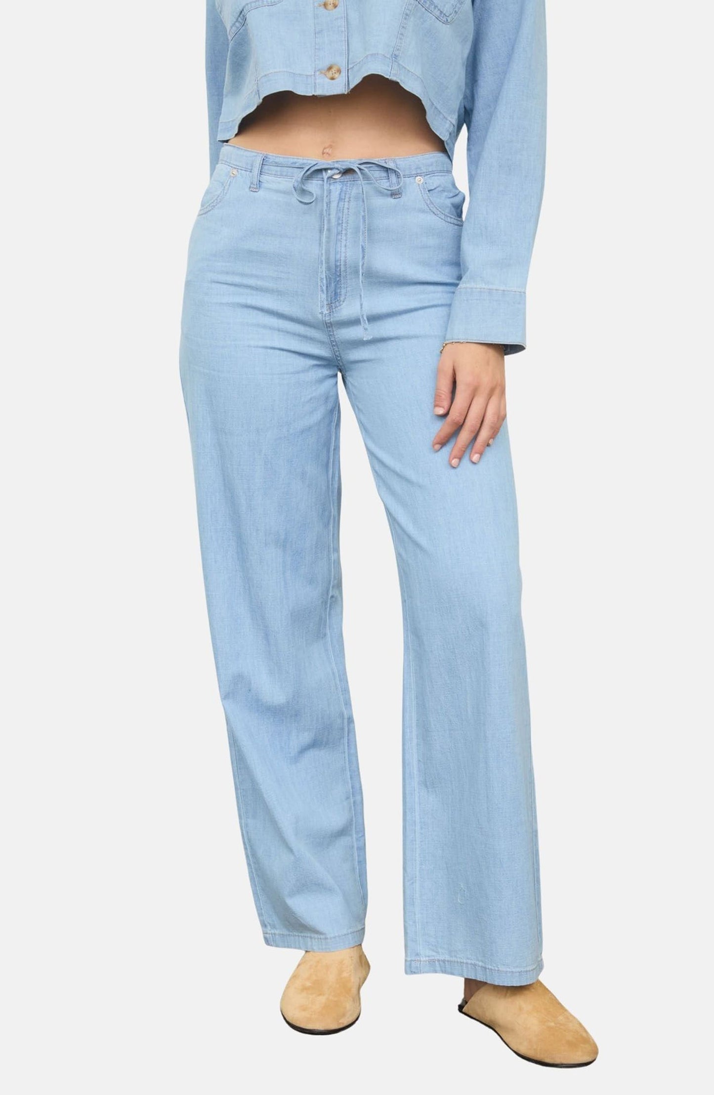 Front Tie Wide Chambray Pants- Light Wash