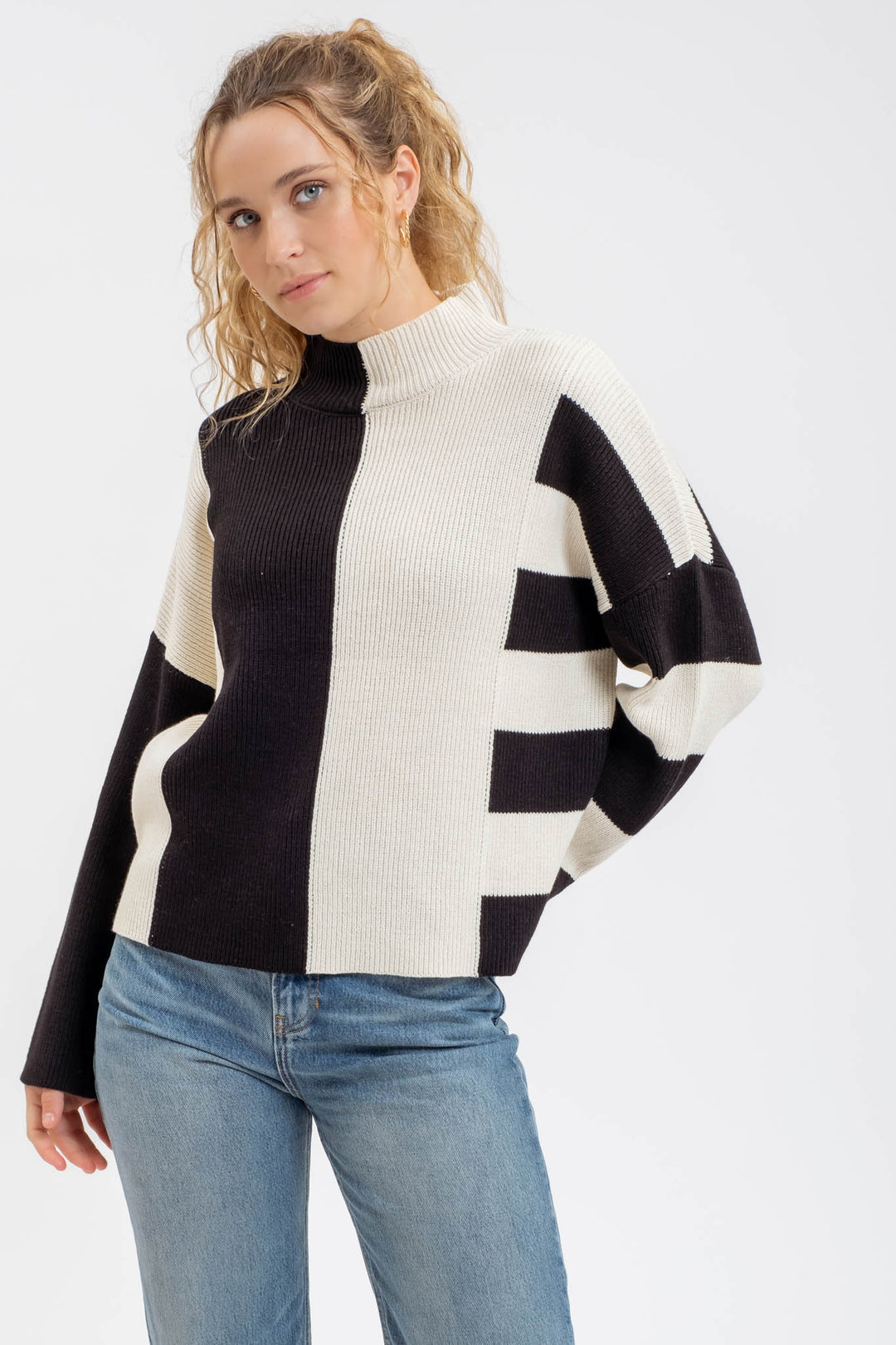 Stripe Color Block Knit Sweater-Black