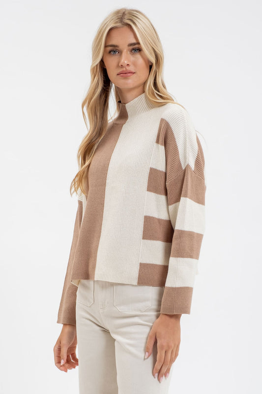 Stripe Color Block Knit Sweater-Khaki