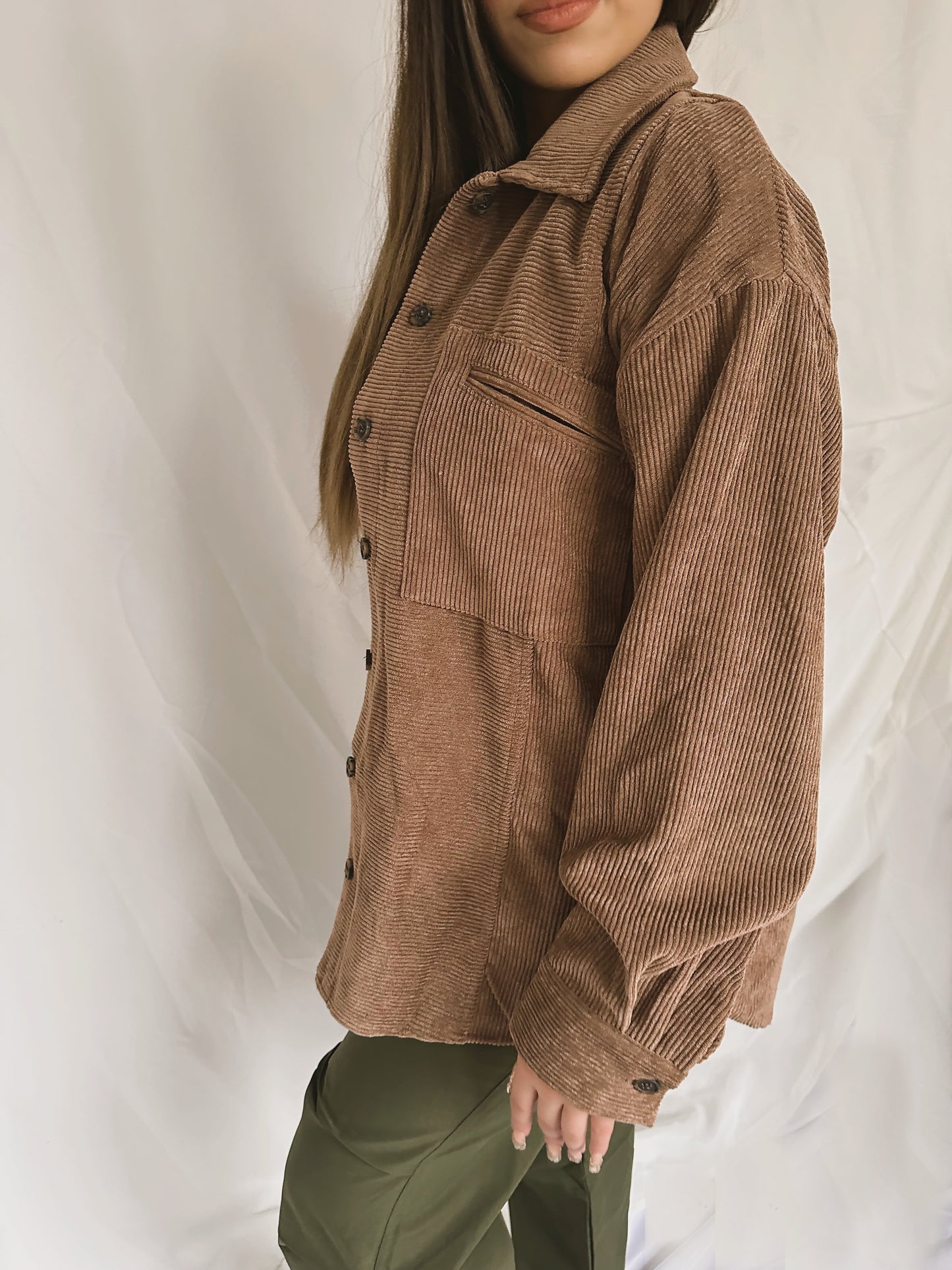 Corduroy Button Up Shacket-Brown