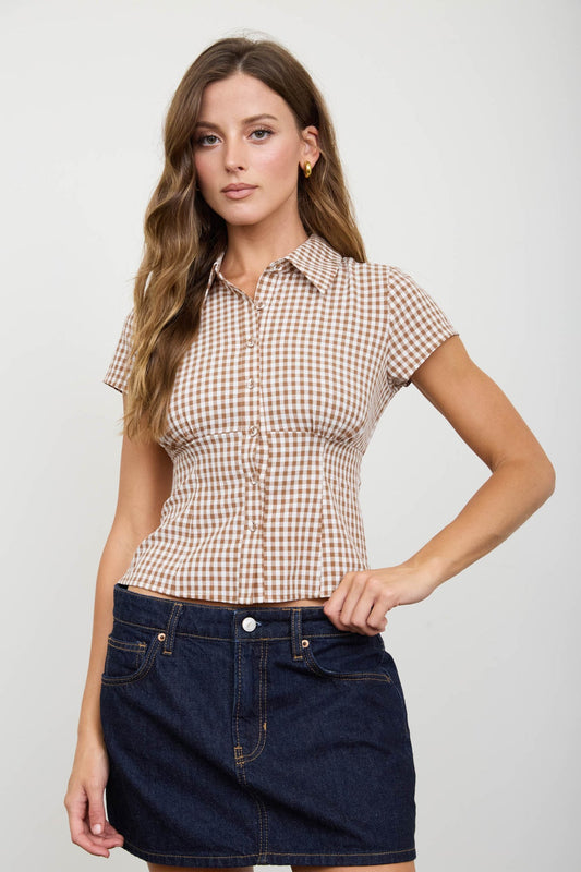 Gingham Collared Top- Brown